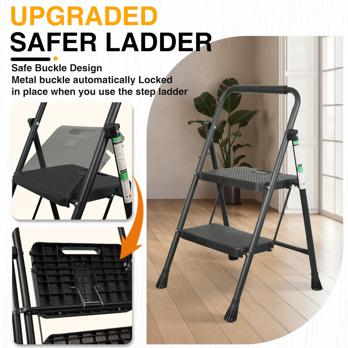 Step Ladder, Portable Steel Folding Step Stool with Wide Anti-Slip Pedal & Convenient Handgrip, Sturdy Steel Ladder, 2-Step, Black
