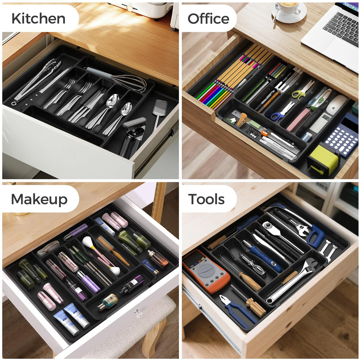 ukeetap Extra Large Expandable Silverware Organizer, BPA-Free Food-Safe Cutlery Flatware Organizer, Kitchen Utensil Drawer Organizer, Adjustable Silverware Holder for Spoons Forks Knives, Black