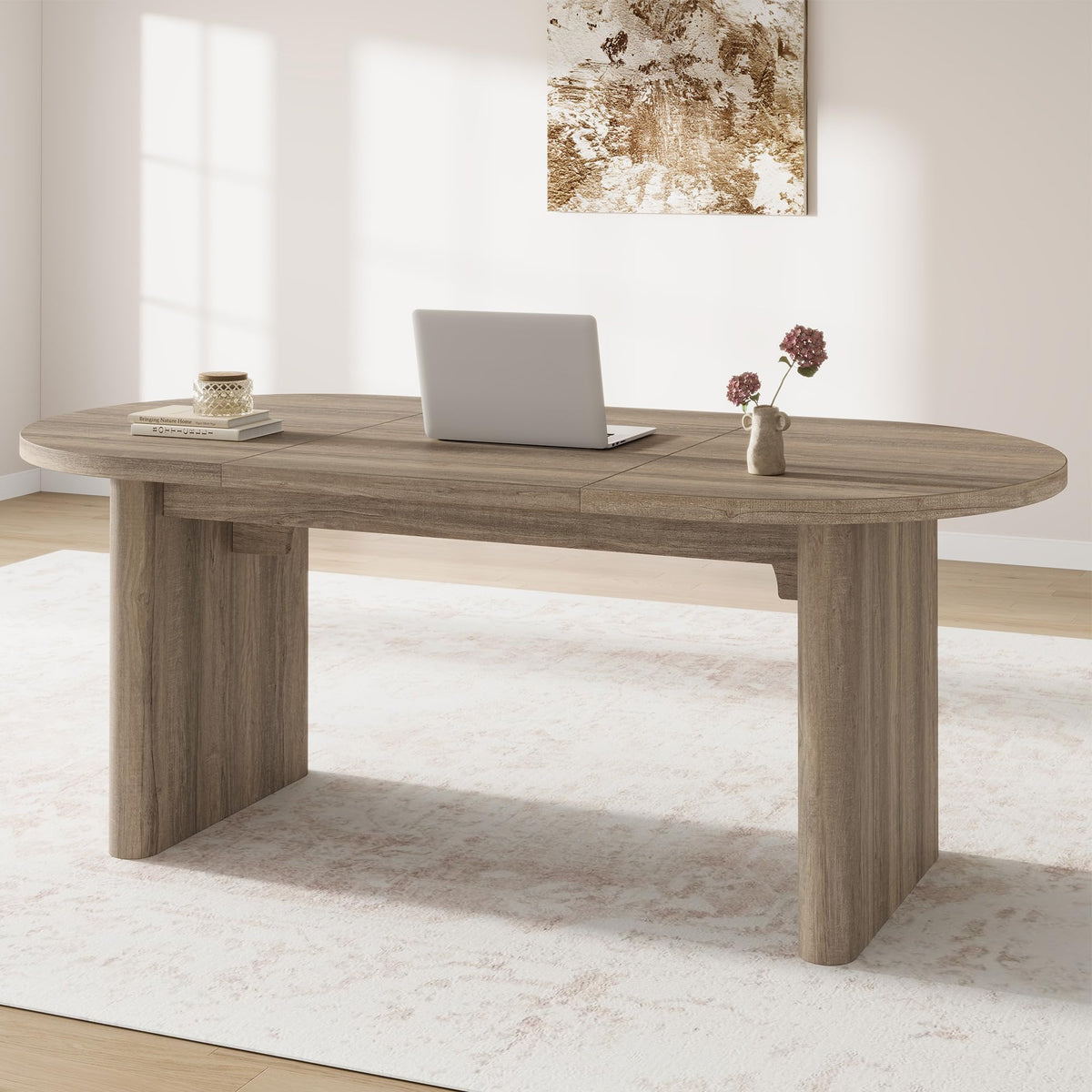 Garvee Oval Executive Desk, Large Computer Office Desk Workstation, Farmhouse Wooden Laptop Desk Study Writing Table Business Furniture for Home Office