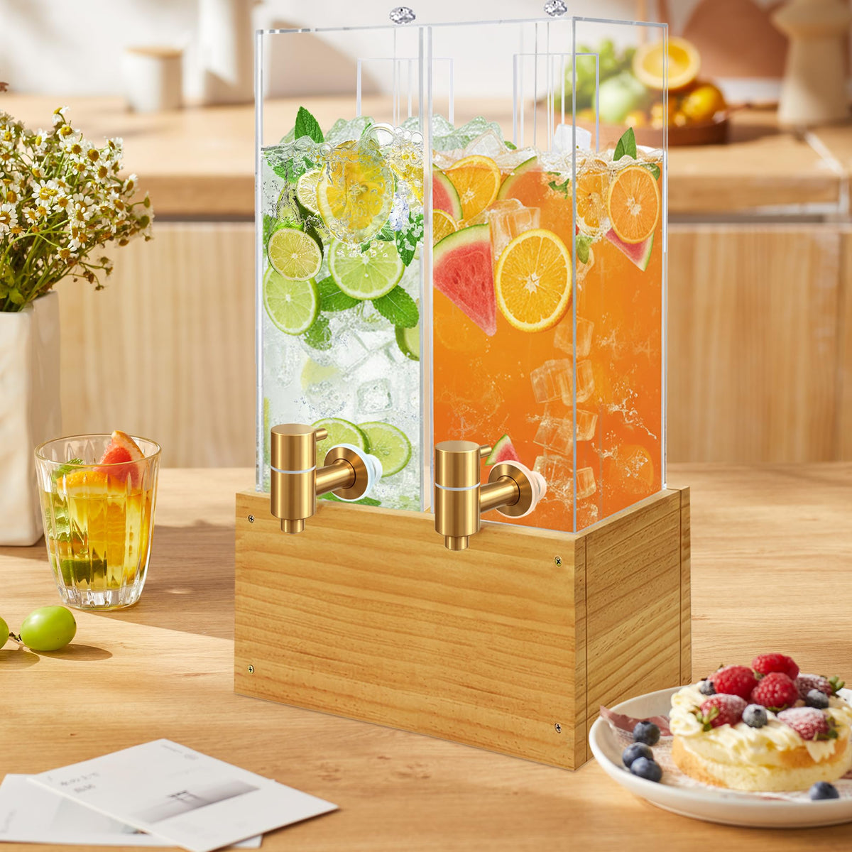 2 Pack 2 Gallon Drink Dispenser, Large Drink Dispenser with Wood Stand, Beverage Dispenser with Ice Core and Airtight Valve, Drink Dispensers for Parties