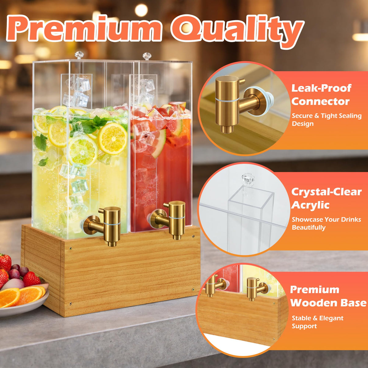 Beverage Dispenser with Stand, 4 Gallon Dual Drink Dispenser Stand, Large Drink Dispenser for Party, Wood Stand
