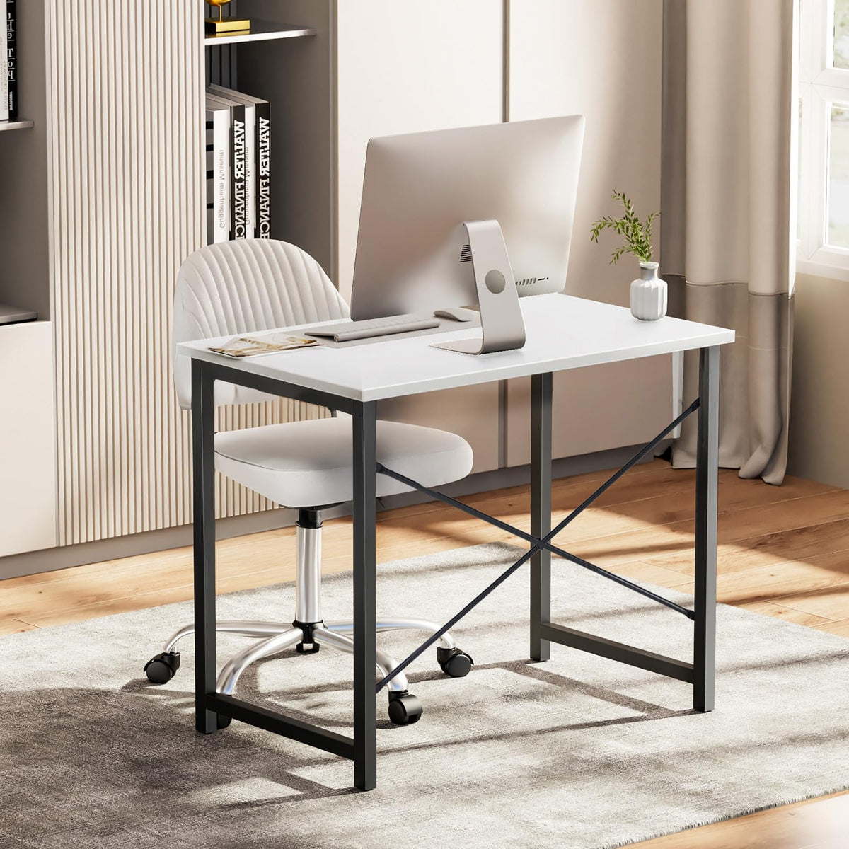 Sweetcrispy Small Computer Desk, 47" Office Writing Desk with Metal Frame & Wooden Top, X-Shaped Reinforcement, Student Study Home Bedroom Table, White