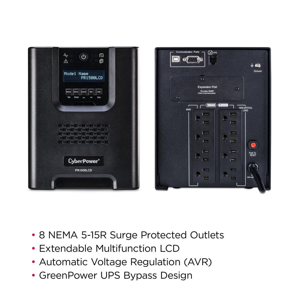 CyberPower PR1500LCD Smart App Sinewave UPS System, 1500VA/1500W, 8 Outlets, AVR, Mini-Tower