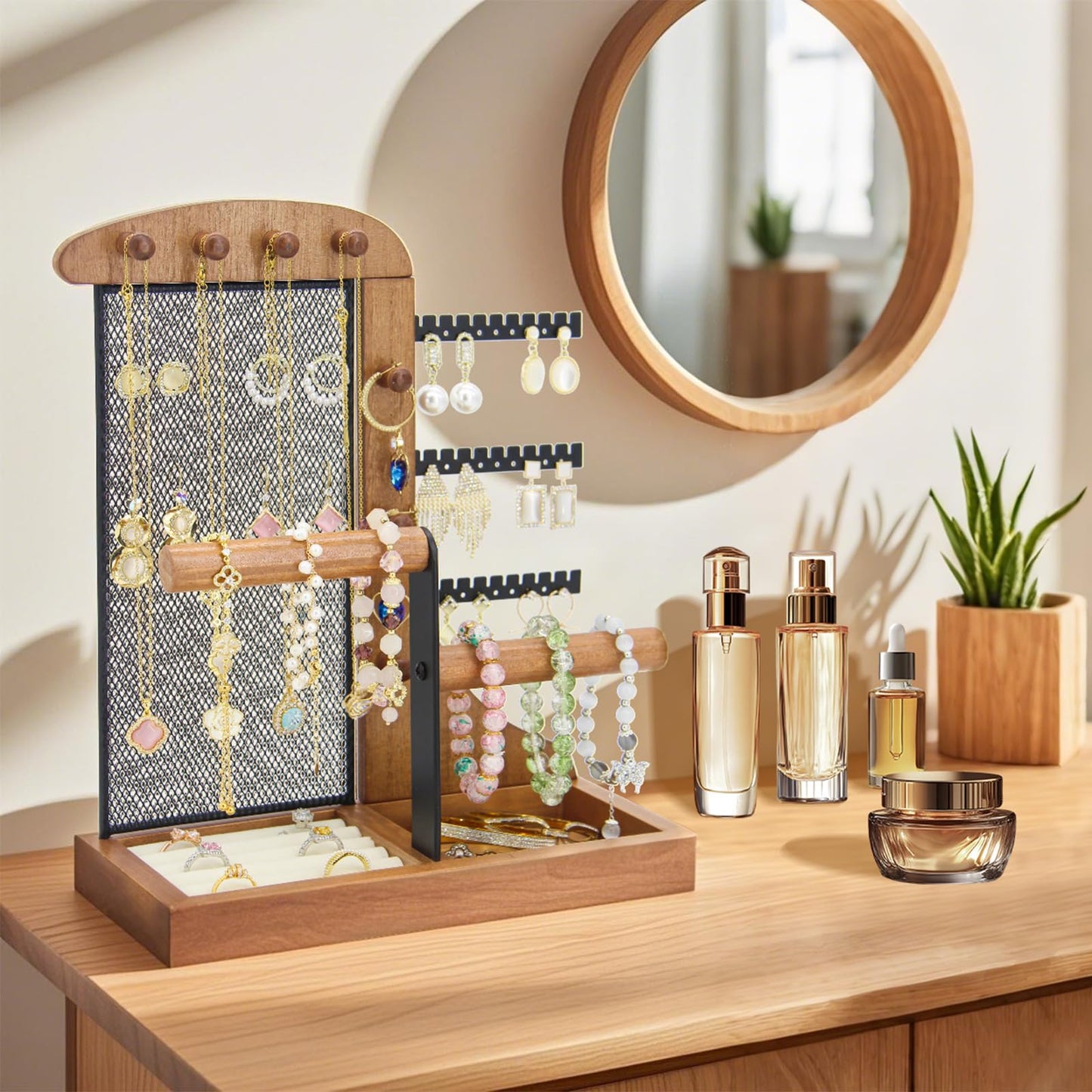 KOOAAICCHI Jewelry Organizer Stand Wooden Multi-Tier Jewelry Display Rack,Anti-tangle Necklace Holder,Jewelry Stand with Velvet Tray for Rings,Earrings and Bracelets (Brown)