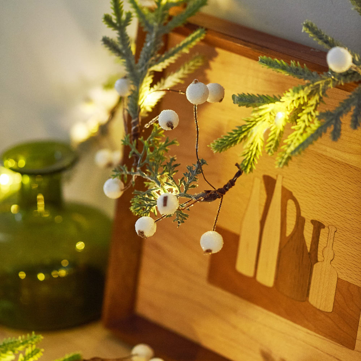 Norfolk Pine String Lights & White Berry 6.5FT & 25LEDs Delicate Christmas Garland with Lights Battery Operated with Remote Ideal for Indoor & Outdoor Decorations Petite Christmas Garland for Mantle