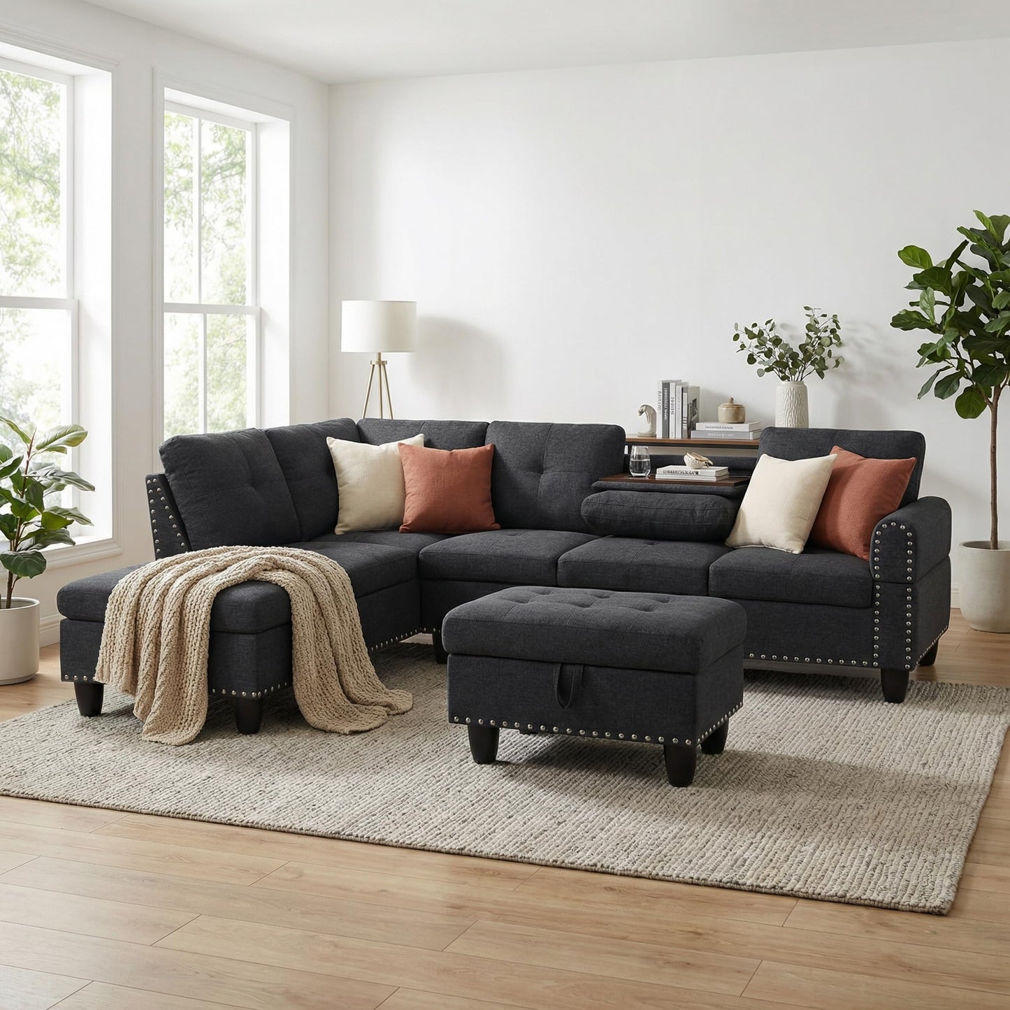 Trygoal 3-Piece L-Shaped Modular Sofa – Convertible Sectional Couch with Movable Chaise & Storage Ottoman, Multi-Scene Use for Living Room, Apartment & Office, Black Grey
