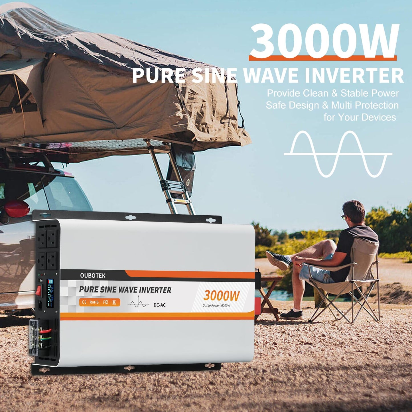 OUBOTEK 3000 Watt Pure Sine Wave Inverter, DC 12V to AC 120V with LCD Display, Remote Control, USB Port, 4 AC Outlets, and Terminal Block for RV Boat Camping Solar System and Home Use