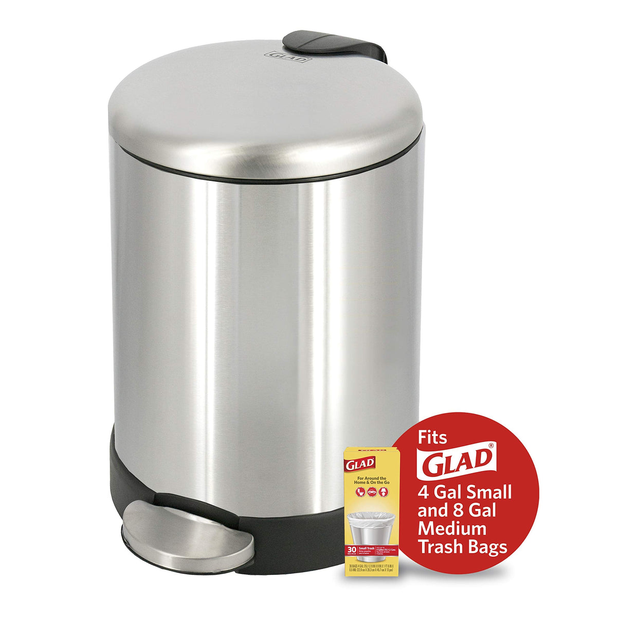 Glad Small Trash Can, 1.2 Gallon | Round Stainless Steel Garbage Bin with Soft Close Lid & Step Foot Pedal | Metal Waste Basket with Removable Inner Bucket, Stainless, 8 x 9.5 x 12 inches