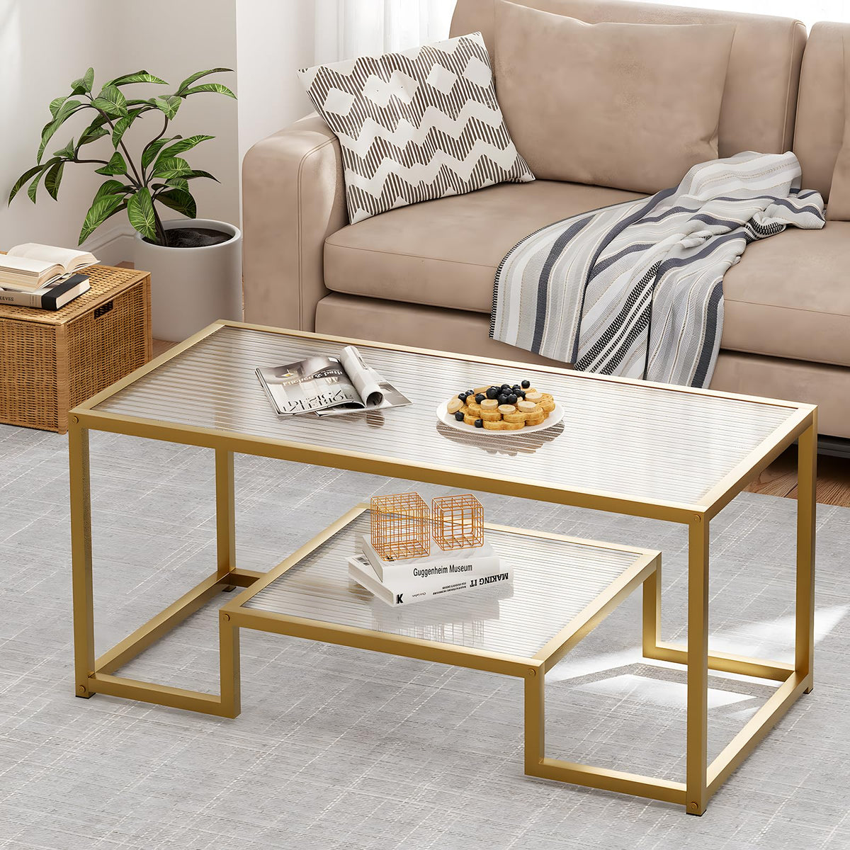 Wolawu Coffee Table Gold Glass Coffee Table for Living Room,2 Tiers Rectangle Center Table with Ribbed Glass Top and Sturdy Metal Frame,Modern Glass Accent Table for Bedroom Home Office