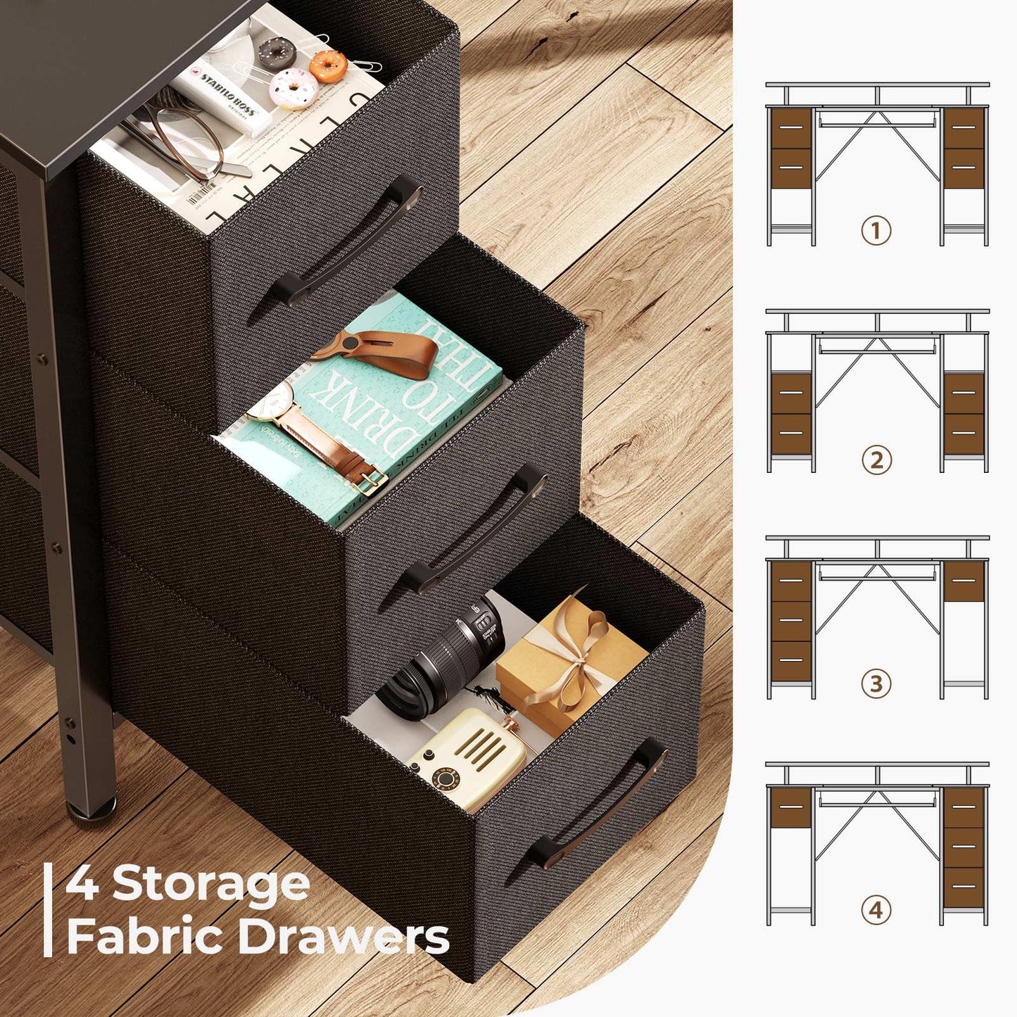 Seventable Computer Desk 55.1" with LED Lights & Power Outlets, Home Office Desk with 4 Drawers, Writing Desk with Keyboard Tray, Study De sk with Monitor Stand, Work for Home Office, Black