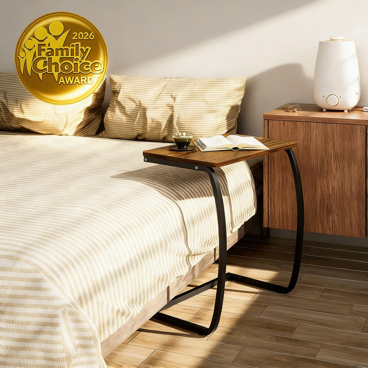 SRIWATANA Side Table, End Table, Vintage C-Shaped Couch Table for Sofa Laptop Coffee Snack, Walnut
