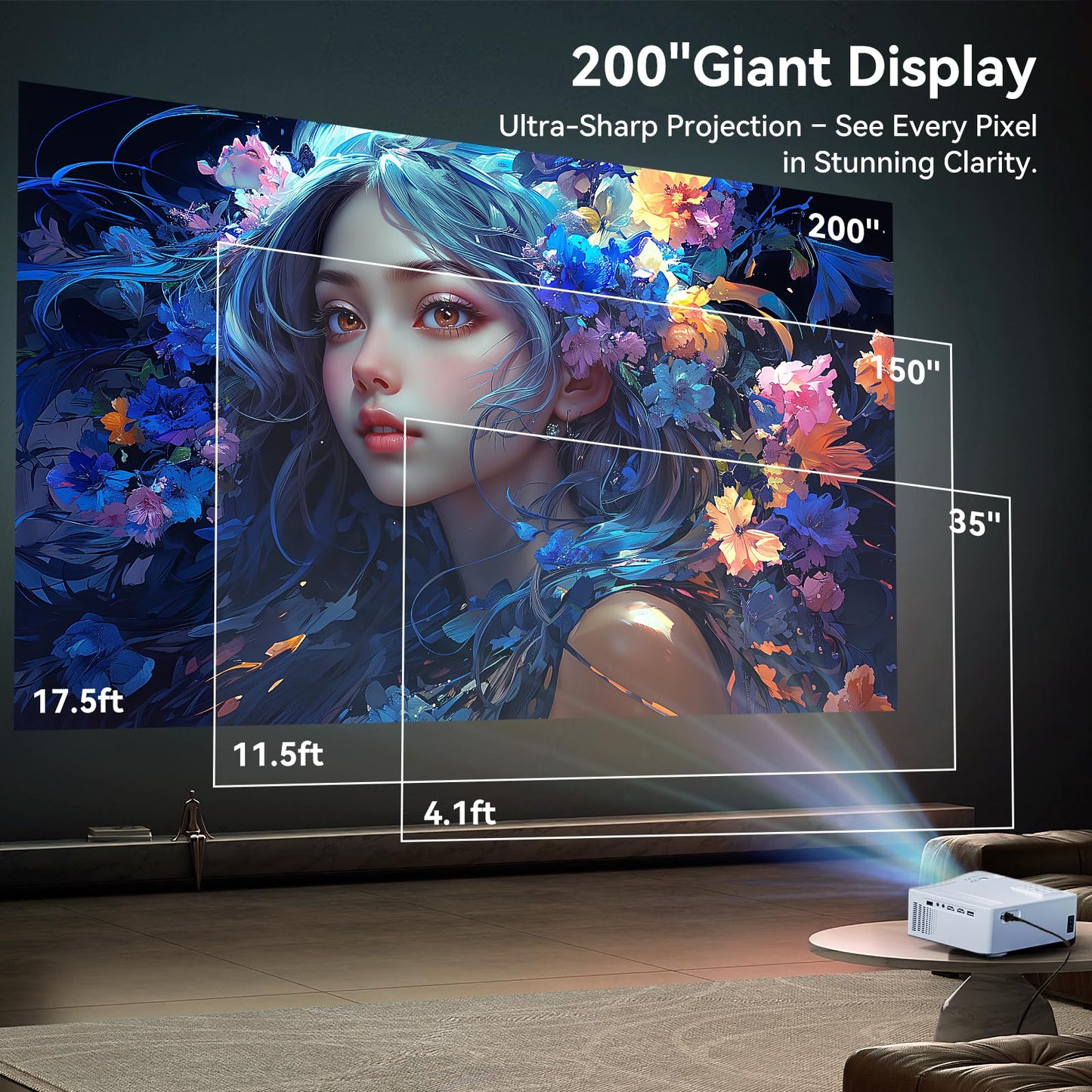 5G WiFi Bluetooth Projector, Native 1080P Outdoor Movie Projector with 200" Display, 380ANSI Home Theater Video Projector 4K Supported, LED Video Projector Compatible with TV Stick, Phone/PC