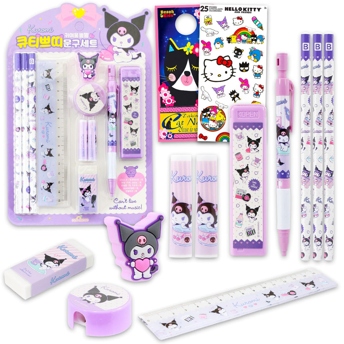 Kuromi School Supplies Pack - 11 Pc Bundle with Sanrio Pencils, Mini Ruler, Eraser, Pencil Topper, Stickers, More for Kids, Girls | Kuromi Back to School Supplies