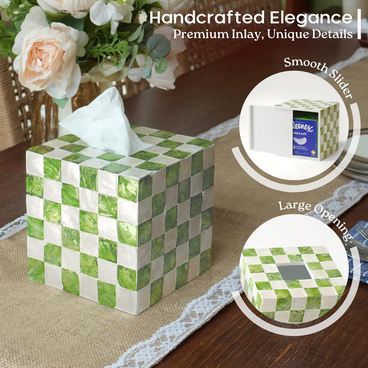 CHI AN HOME 5.7" Square Tissue Box Cover, Handmade Checkered Cube Tissue Box Cover with Capiz Shells, Decorative Tissue Holder for Living Room, Bathroom, Bedroom or Office (Pistachio Green)