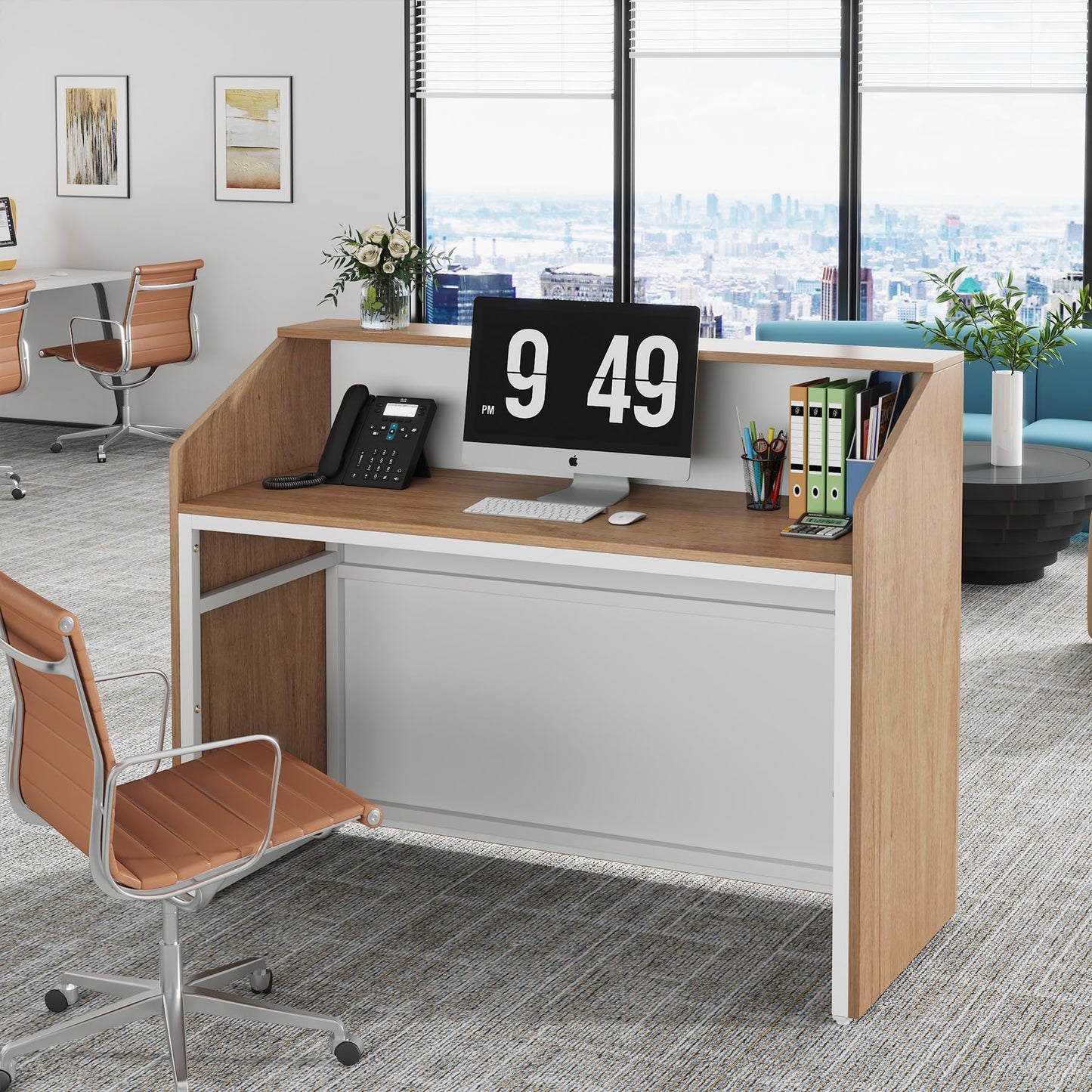 Tribesigns Reception Desk with Counter, Modern Front Desk Reception Room Table with Cable Grommet, 47 inch Retail Counter for Checkout, Lobby, Beauty Salon, Home Office Desk, Oak
