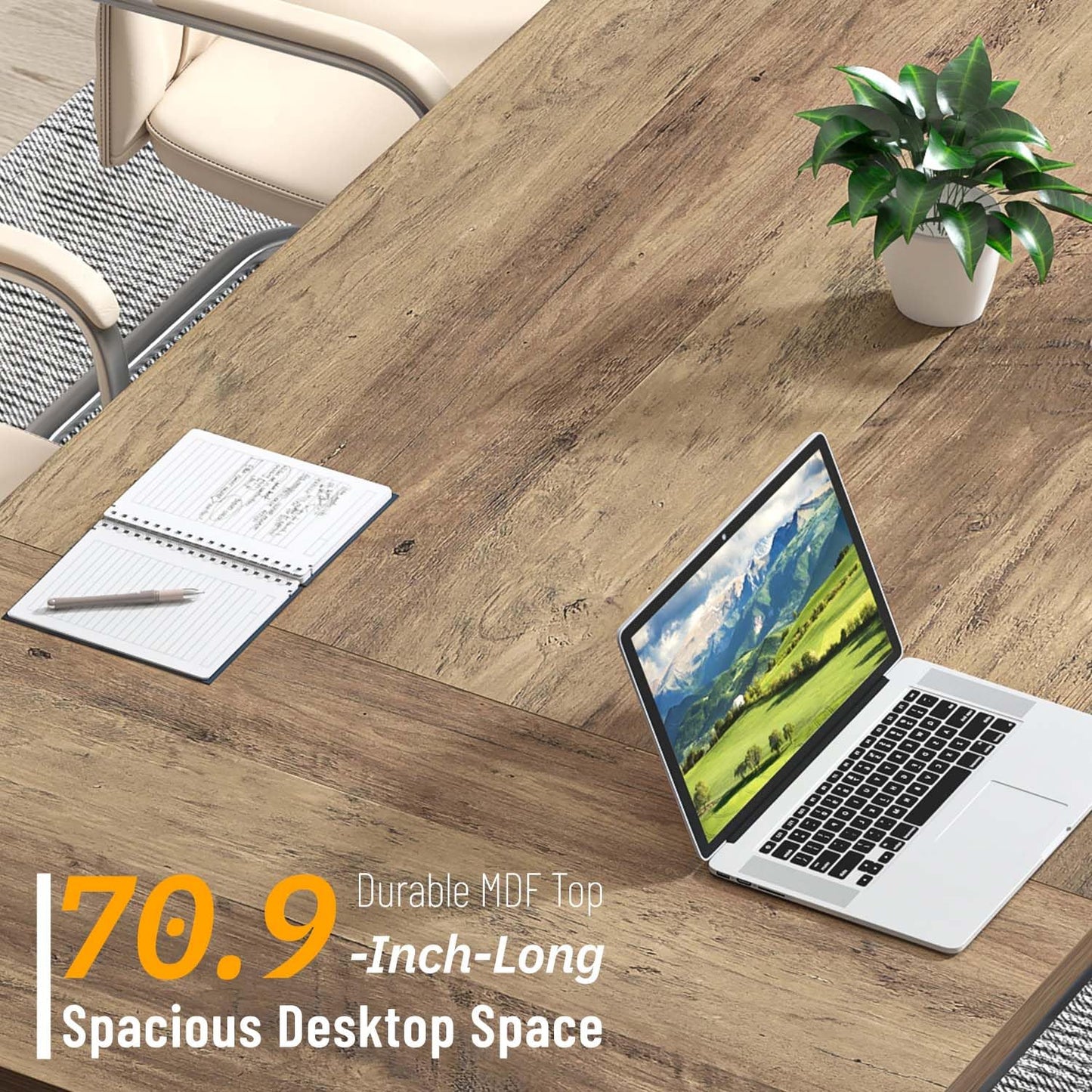 FOLUBAN 70.9" Computer Desk with Z-Shaped Legs, Industrial Work Executive Home Office Desk, Large 2 Person Gaming Study Desk Writing Table, Oak