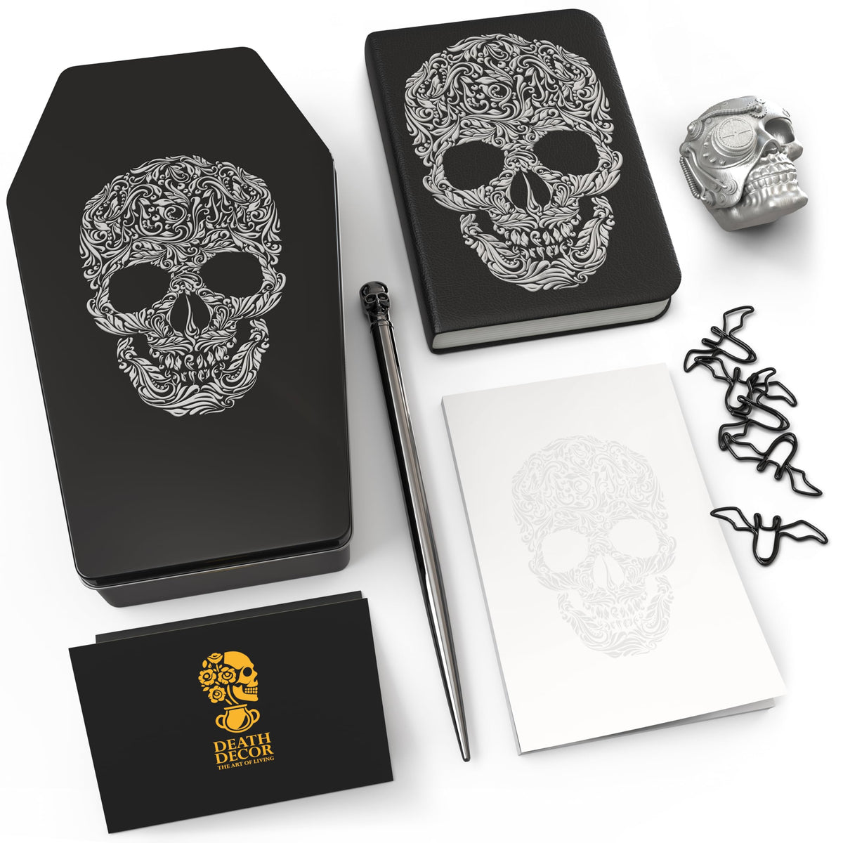 Death Decor Gothic Stationery Gift Set – Journal Notebook, Sticky Notes, Bat Paper Clips & Skull Magnet – Dark Aesthetic Writing Journal for Office, School, Halloween & Gifts