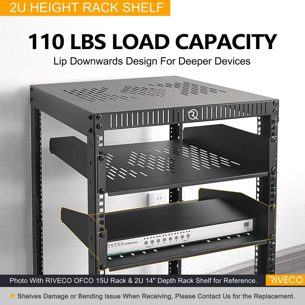 RIVECO 19” 2U Rack Shelf Server Cabinet Mount Vented Cantilever Tray for Network Equipment, 14 Inches 35 CM Depth, Black