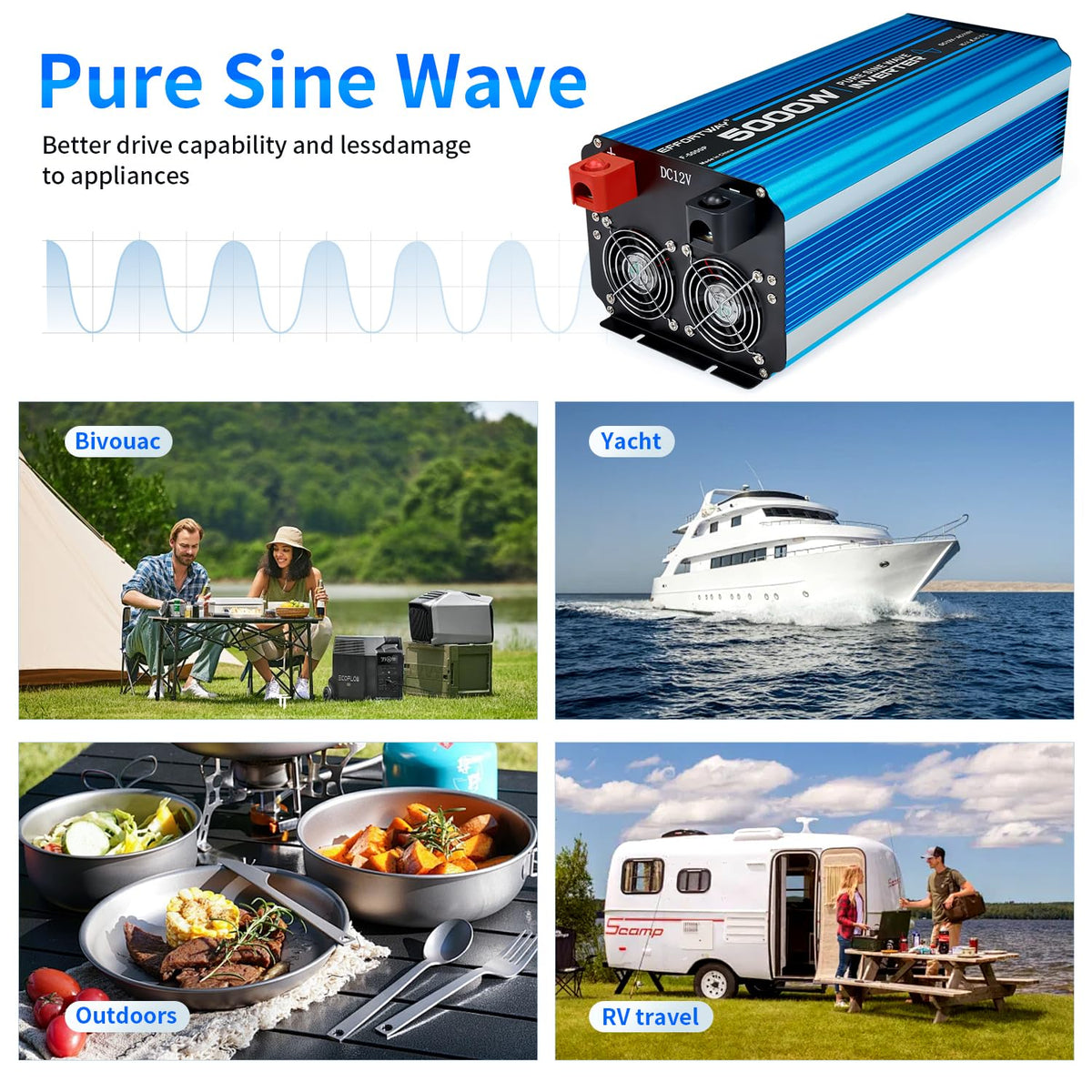 5000W Pure sine Wave Inverter DC 12V to AC 110V/120V Converter 10000w (Peak) with LCD Display Wireless/Wired Remote Control 4AC outlets 4USB and Hardwired AC.Ideal for RV Travel Off-Grid Solar Systems