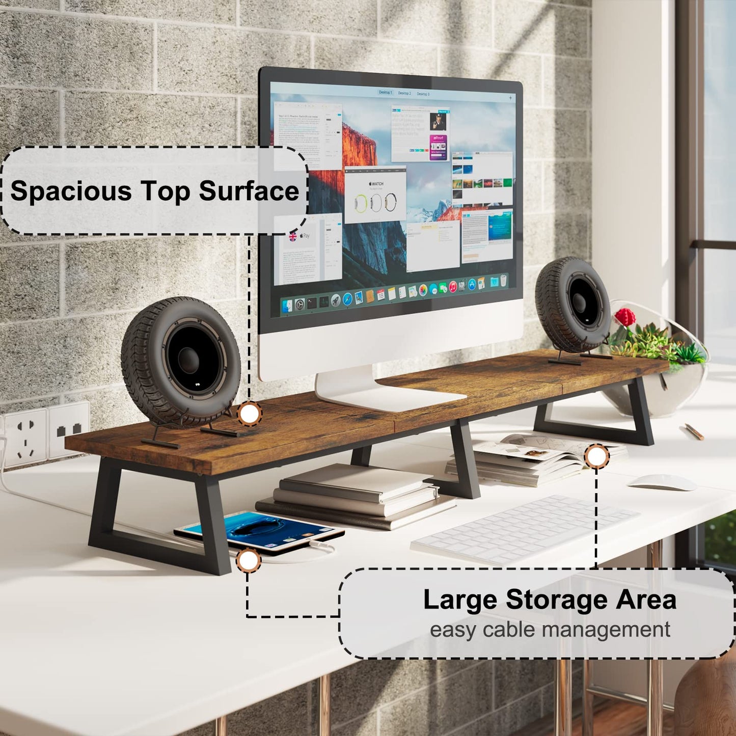 TEAMIX 42 inch Large [Dual] [Monitor] [Riser],Rustic Brown Extra Long TV [Stand Wood & Steel Desktop [Riser] with Storage for [Dual] Screen Office Desk Organization