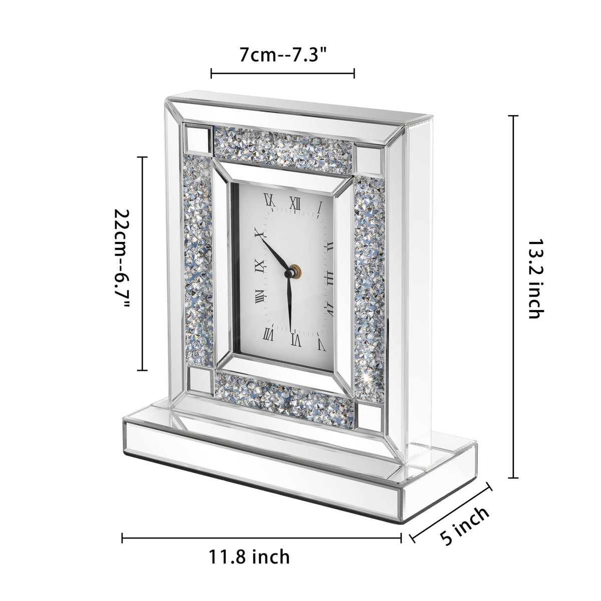 SHYFOY Mirrored Desk Clock with Crushed Diamond Inlay, 13" Decorative Table Clock, Silver Beveled Glass Mantel Clock, Non-Ticking Roman Numeral Tabletop Clock for Living Room Office Shelf Decor