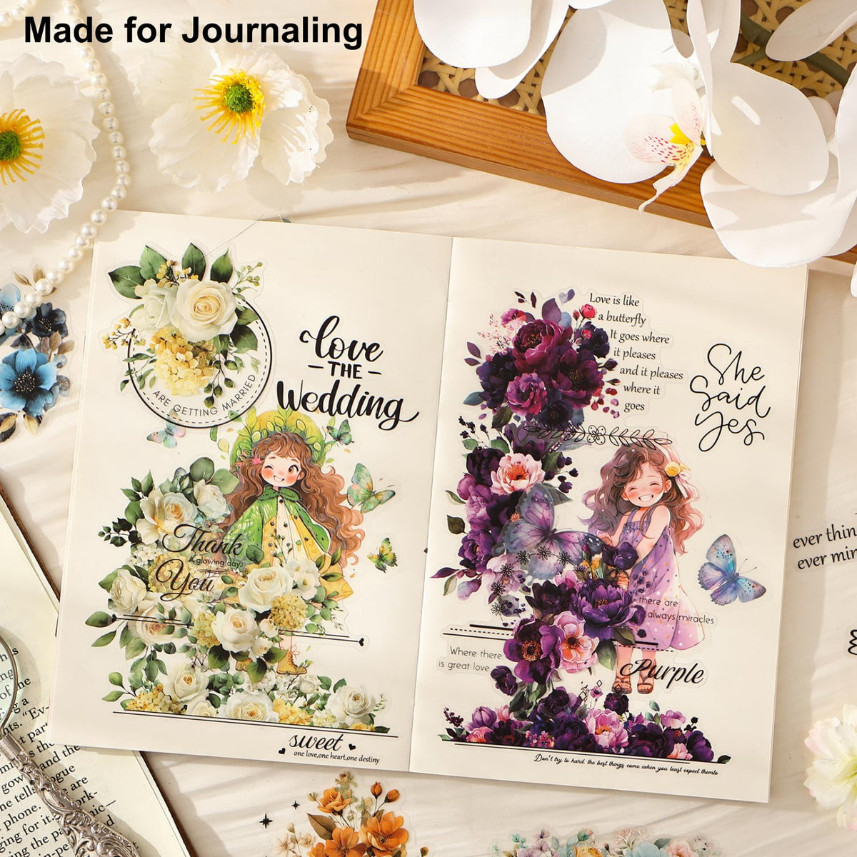 Kigofora 90-Piece Floral Quote PET Stickers for Journaling & Scrapbooking,Transparent Flower Stickers with Words, Aesthetic Collage Supplies for Planner, Cards & Paper Crafts