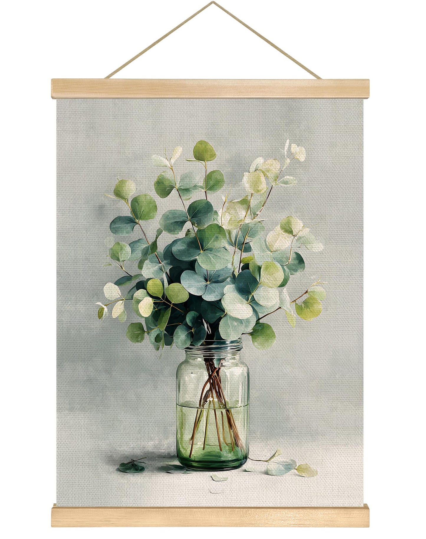 You found a duck Eucalyptus Wall Art, Minimalist Green Botanical Poster on Linen with Glass Jar, Modern Farmhouse or Scandinavian Style Decor for Living Room or Bedroom, 18.5x14 Inch (Green- Leaves)