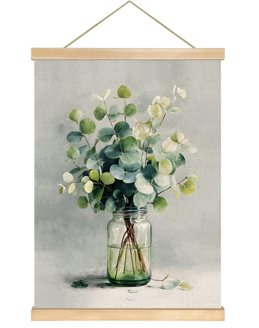 You found a duck Eucalyptus Wall Art, Minimalist Green Botanical Poster on Linen with Glass Jar, Modern Farmhouse or Scandinavian Style Decor for Living Room or Bedroom, 18.5x14 Inch (Green- Leaves)