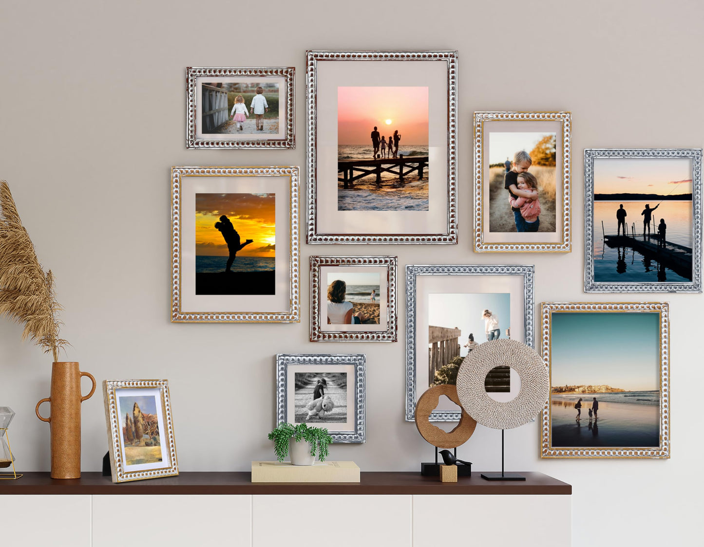 Gdfmsc 11x14 Rustic Picture Frame with Mat for 8x10, Farmhouse Boho Deco Distressed Beaded Wooden Real Glass, Vertical or Horizontal Display Photo Gallery Wall & Tabletop Frame, Natural