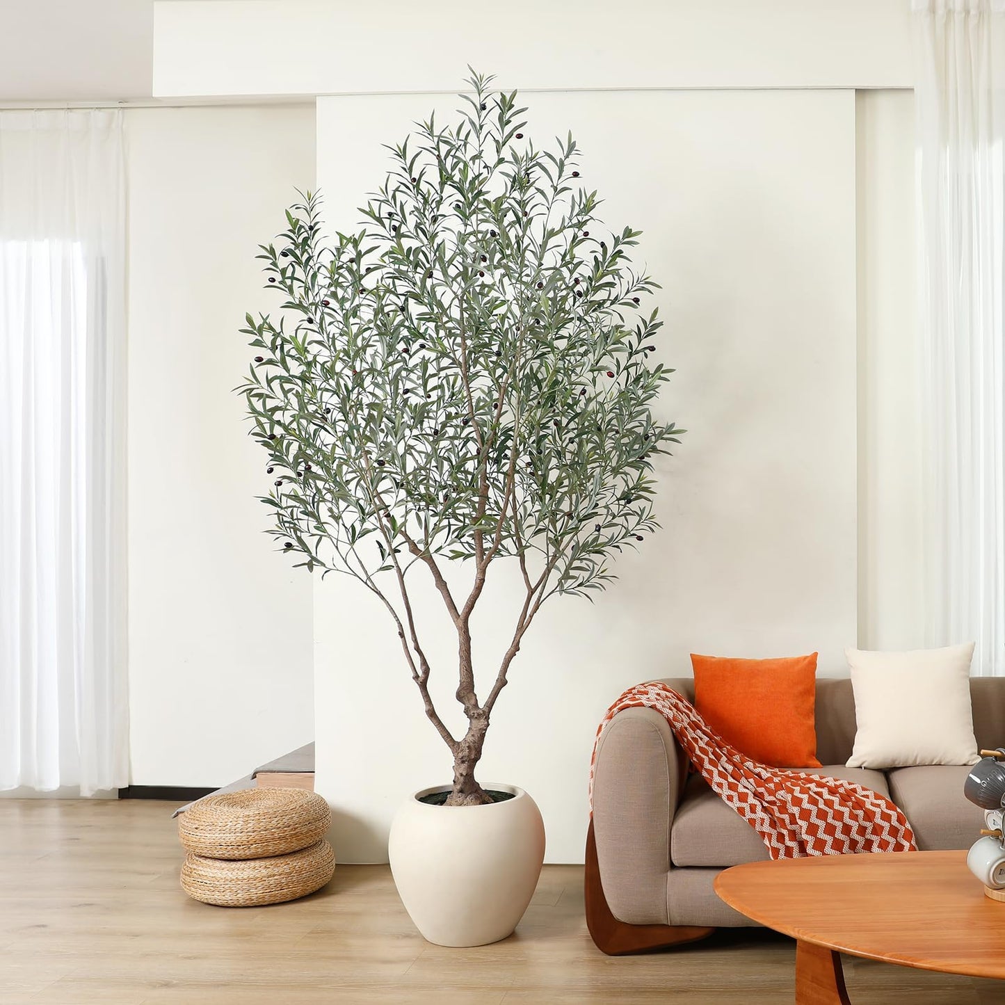 SOGUYI Olive Trees Artificial Indoor, 8 Feet Tall Faux Olive Tree with Round Artisan Planter, Premium Handmade, Realistic Trunk & Lifelike Leaves, Perfect for Large Spaces & Elegant Home/Office Decor