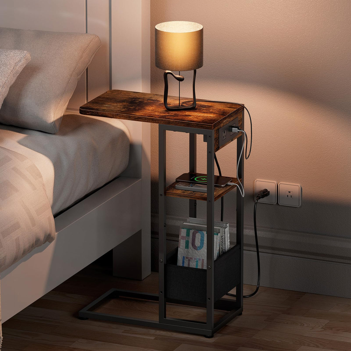 Yuede C Shaped End Table with Charging Station,3-Layer Sofa C Table Side Table, Slide Under Sofa Desk Snack Tables with Storage Bag w/AC U-S-B Port & Socket,Small Spaces Drink Tables for Living Room
