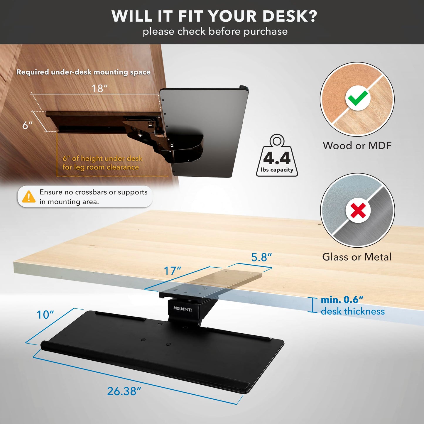 Mount-It! Under Desk Keyboard Tray, Adjustable Slide-Out Keyboard & Mouse Platform, 26.38" W × 10" D, Ergonomic Wrist Rest, Height Tilt & Swivel, Heavy-Duty Bolt-On Keyboard Drawer for Home Office
