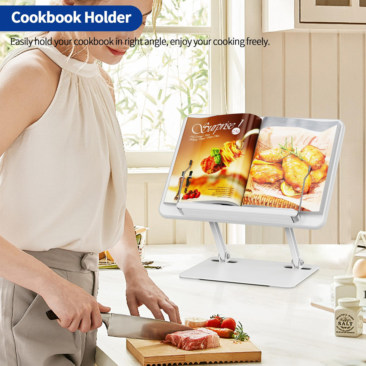 BESIGN BS01 Book Stand for Reading, Adjustable Book Holder, Ergonomic Laptop Stand with Elastic Page Clips for Music Scores, Recipe, Tablet, Laptop (White)