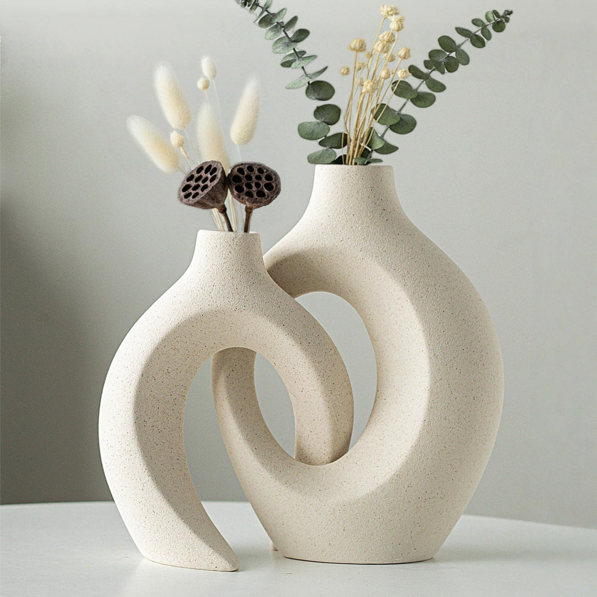 Levvohd Hollow Ceramic Vase Set of 2, Modern Nordic Minimalist Book Style Boho Aesthetic Vases for Home Decor Living Room Shelf Entryway Coffee Centerpiece Table Decorative (Cream White)