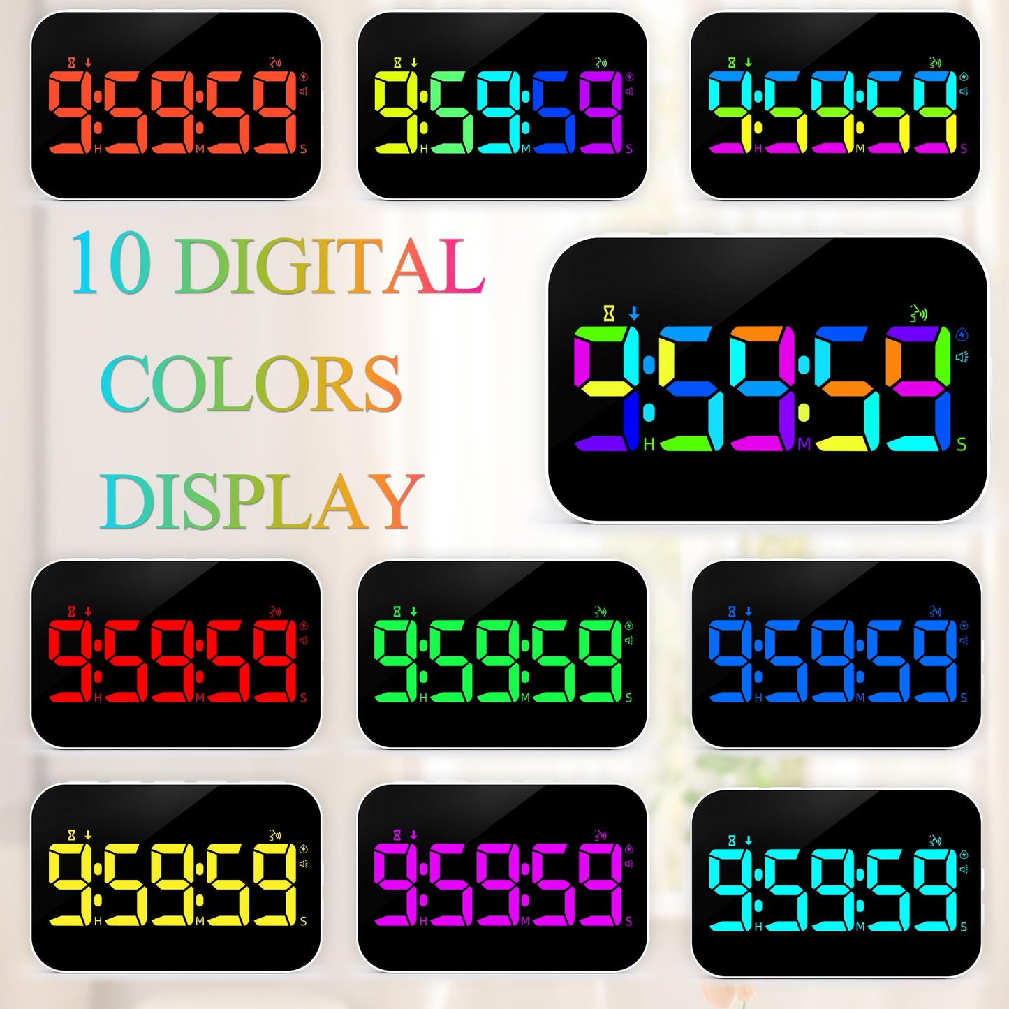 Kitchen LED Digital Timer Rechargeable, RGB Count Down Up Digital Timer with Vioce Reminder for Kitchen Classroom Cooking Study, Vibration Mode 3 Level Adjustable Volume and Brightness