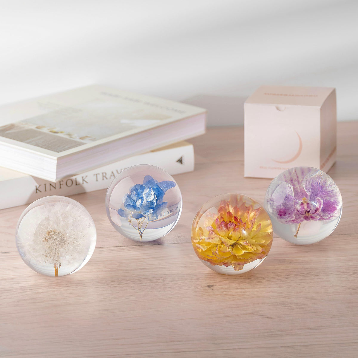 NouvoCrescent Real Purple Orchid Paperweight - Home Decor Crystal Resin Ball 3.14in (80mm) - Clear Resin Purple Orchid Flower Globe for Special Days - Sphere Figurine Office Paperweight w/Flat Bottom