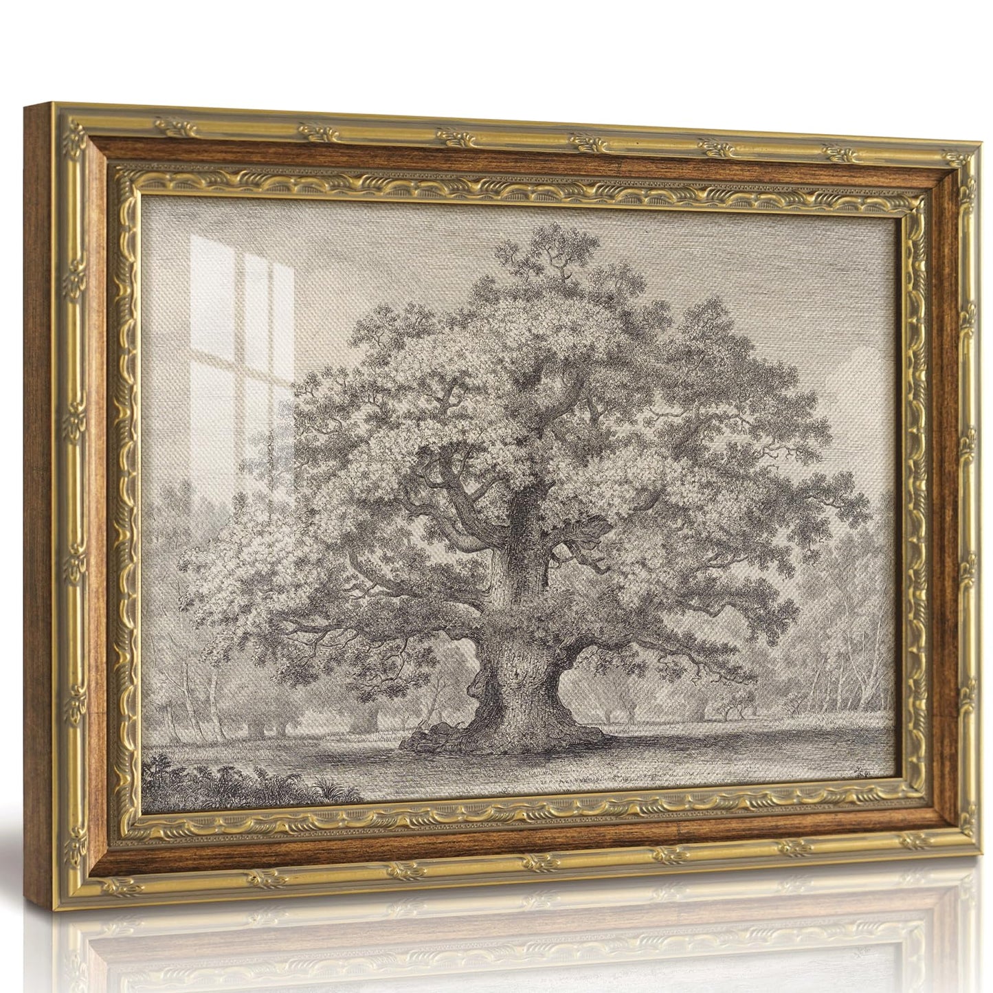 InSimSea 13x16 Gold Framed Vintage Wall Art with Glass, Sketch Oak Tree Landscape Canvas Prints, Rustic Farmhouse Botanical Artwork for Living Room Bedroom Bathroom Office
