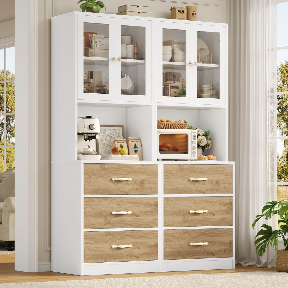 Keyluv 71“ Tall Kitchen Pantry Storage Cabinet with Microwave Stand, Buffet Kitchen Hutch with Shelves and Drawers, Wood Coffee Bar Pantry Cabinet with Glass Doors, for Dining Room/Small Space, Khaki