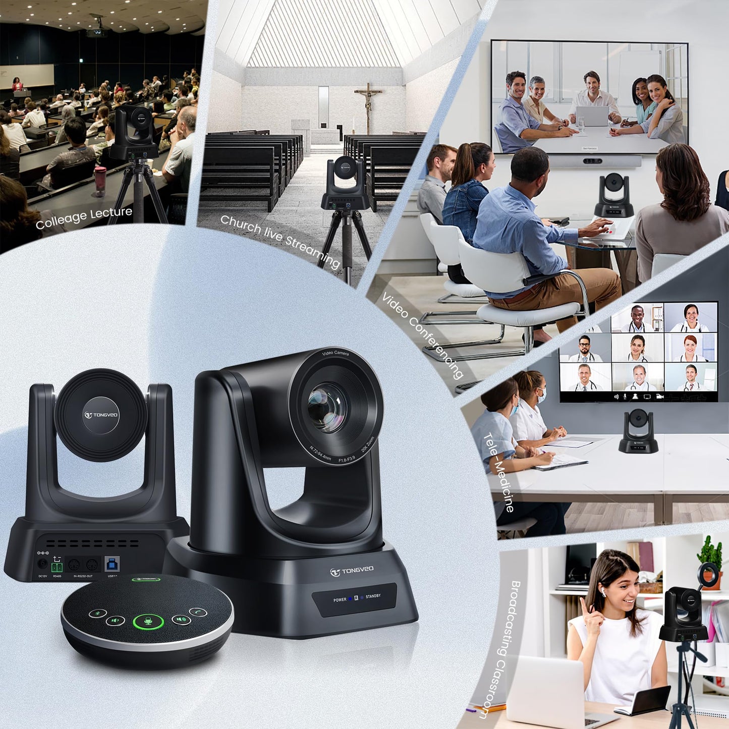 TONGVEO 5.8GHz Wireless Conference Room Camera System with Bluetooth Microphone,20X 60fps PTZ Camera for Worship Online Conference, Works with Zoom, Skype OBS Easy to Set Up