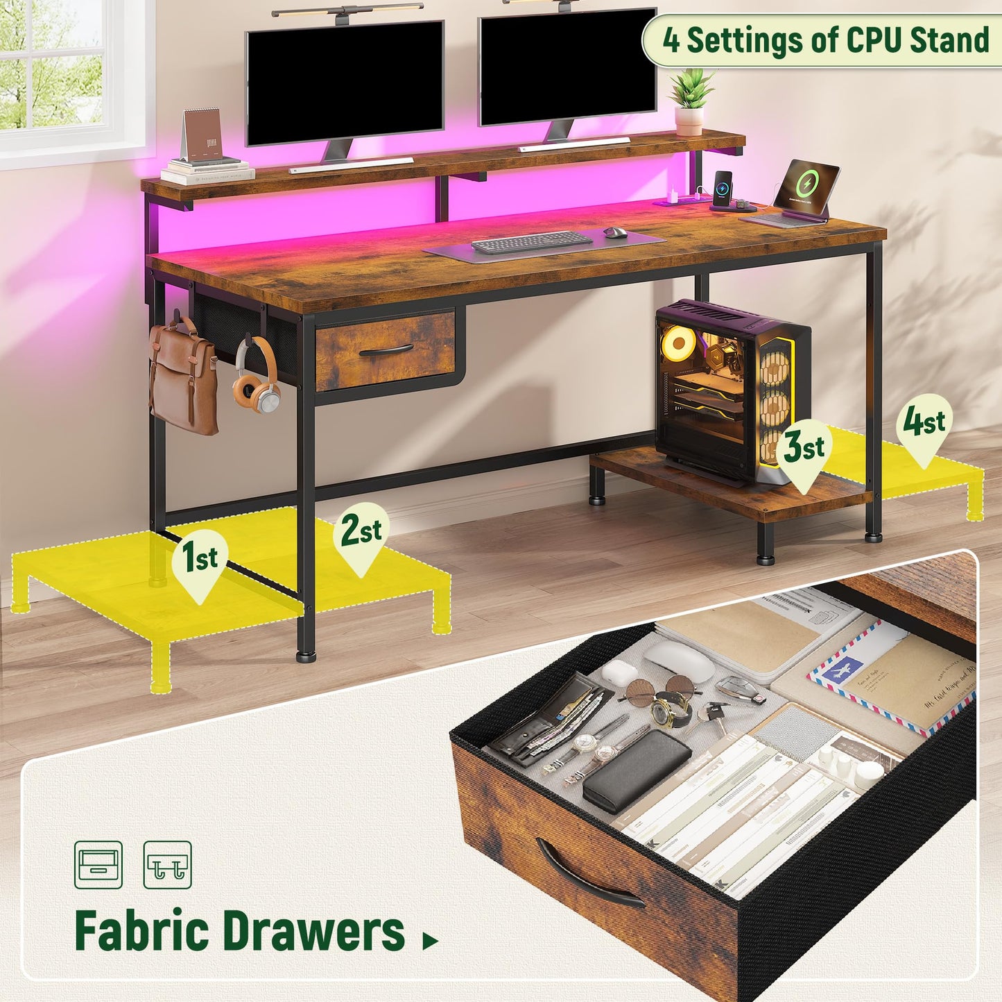 DurayLoly 39.3Inch Office Desk with Power Outlet & Drawer, Gaming Desk with CPU Stand& LED Lights,Computer Desk with Ergonomic Monitor Stand for Small Space,Rustic Brown
