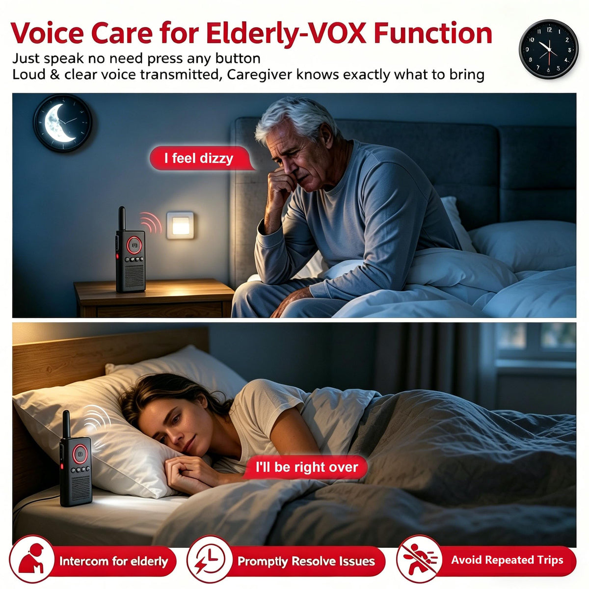 CallToU 2 Way Intercom for Elderly 3300FT Rechargeable 1000mAh Battery, VOX, Ideal for Caregivers & Emergencies Intercoms Wireless for Elder Monitoring Home/Outdoor Family Communication (Black)