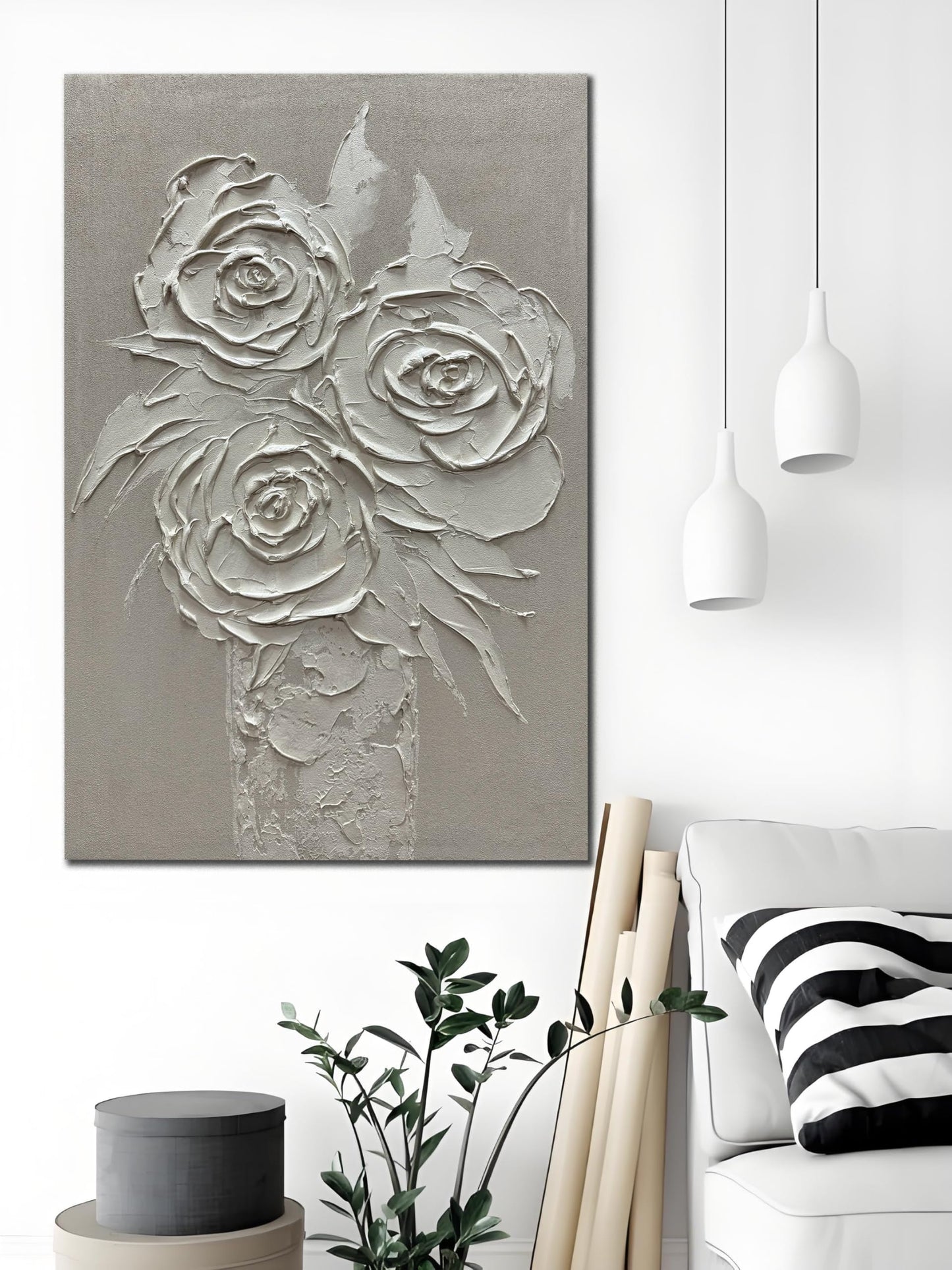 moshinart 24 x 36in Hand-Painted Oil Painting 3D Texture Black White Grey Modern Minimalist Black Abstract Wall Art, Home Office Wall Decoration White Rose