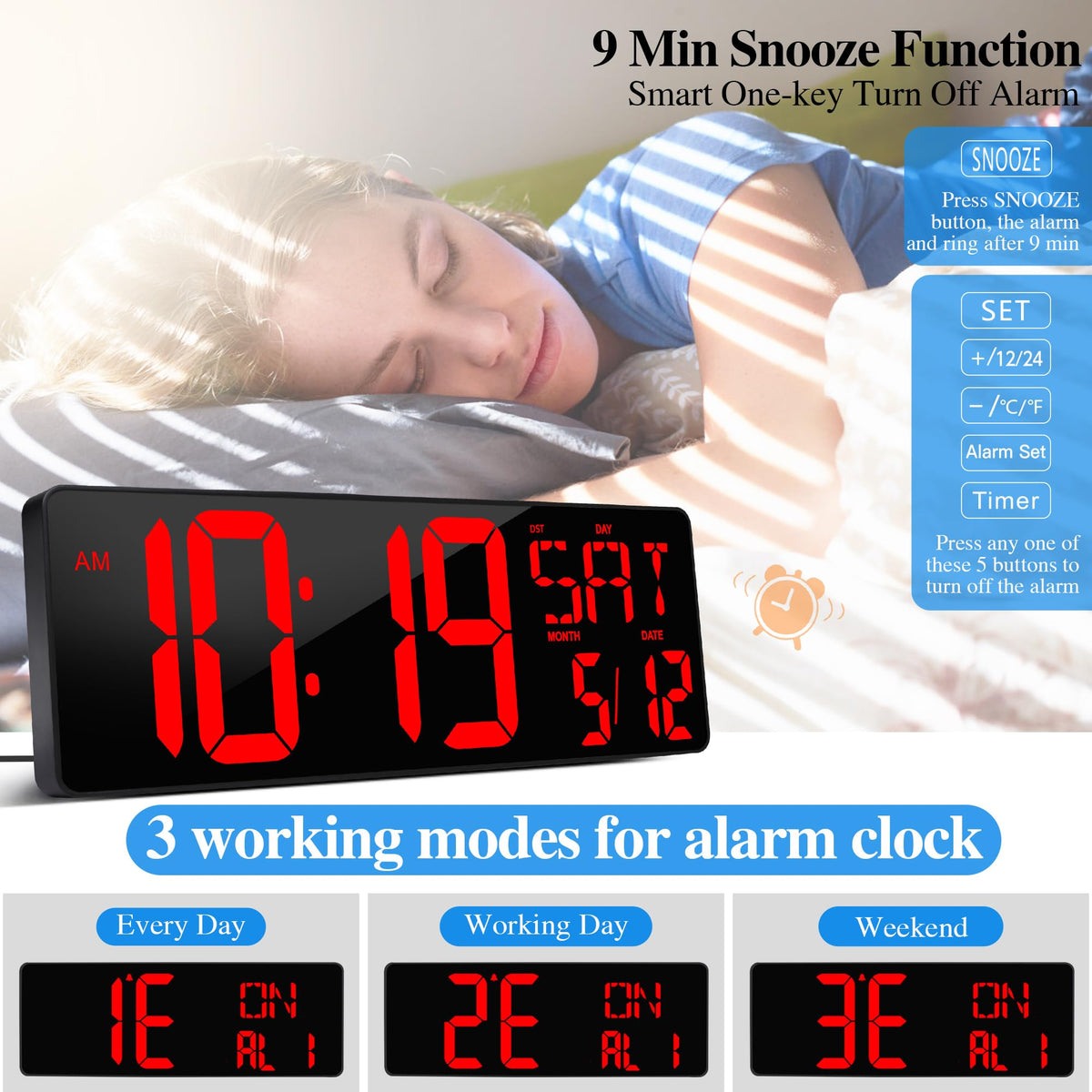 Large Digital Wall Clock with Remote Control 17.2" LED Large Display Timer with Temperature Date Week Auto DST Adjustable Brightness, Big Wall Alarm Clock for Living Room Office Garage Gym Seniors