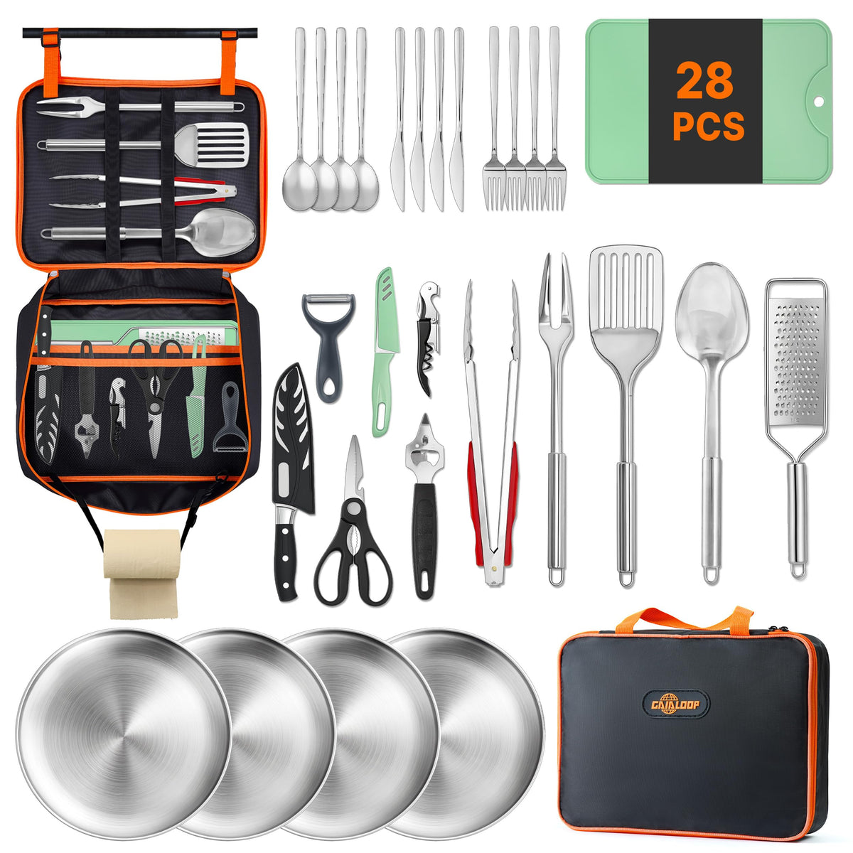 GAIALOOP Portable Camping Cooking Utensils Set 28PCS, Camp Kitchen Set with Plates and Camping Cutlery Set, RV Essentials Cooking Equipment, Outdoor BBQ Cooking Utensil Kit with Organizer Bag