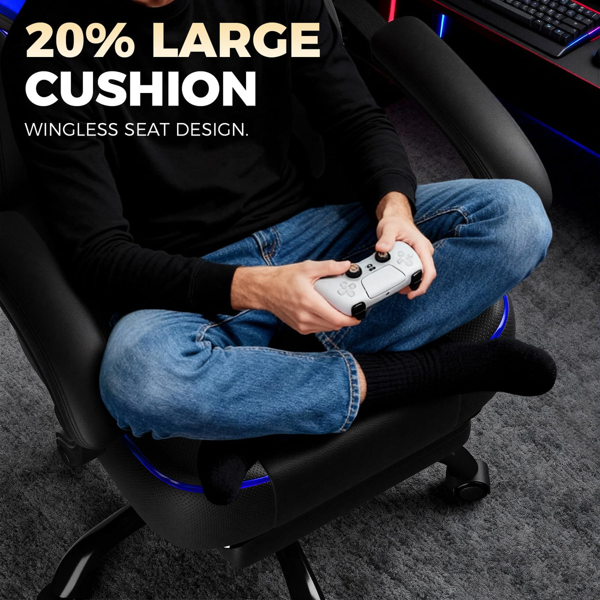 GTPLAYER Big and Tall Gaming Chair for Adults, Ergonomic Office Chair with Footrest, Heavy Duty 350 lbs Capacity, High Back, Premium Leather & Iridescent Trim, ACE-Armor, Black & Blue