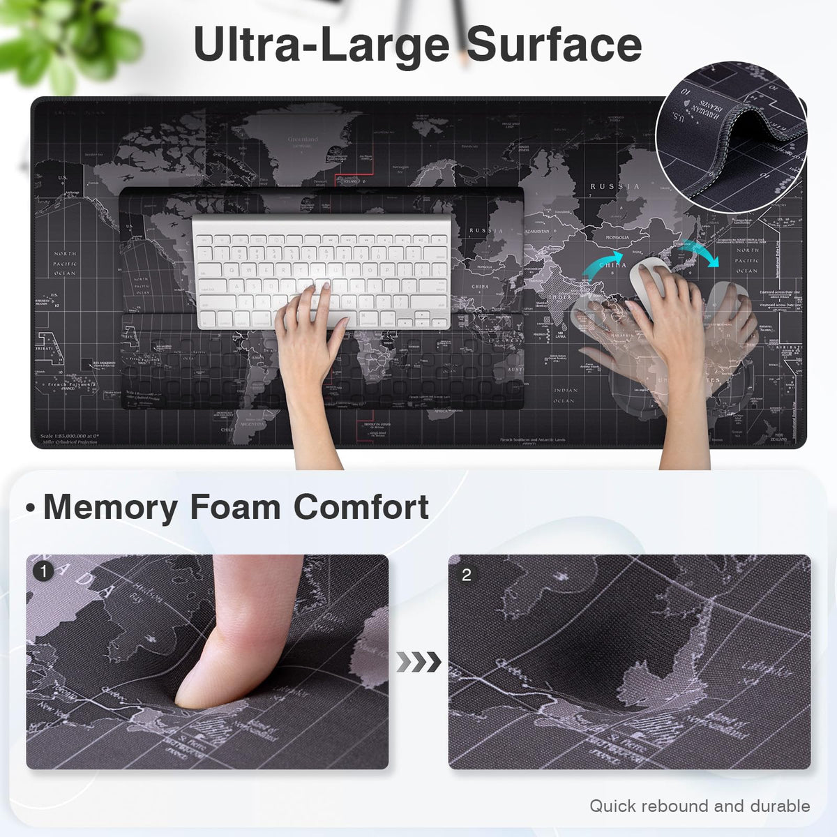 Ospelelf Ergonomic Mouse Pad and Keyboard Stand Wrist Rest Pad Set with Large Mousepad, Memory Foam Comfort, Premium Office Desk Accessories for Pain Relief and Efficiency, Black Map