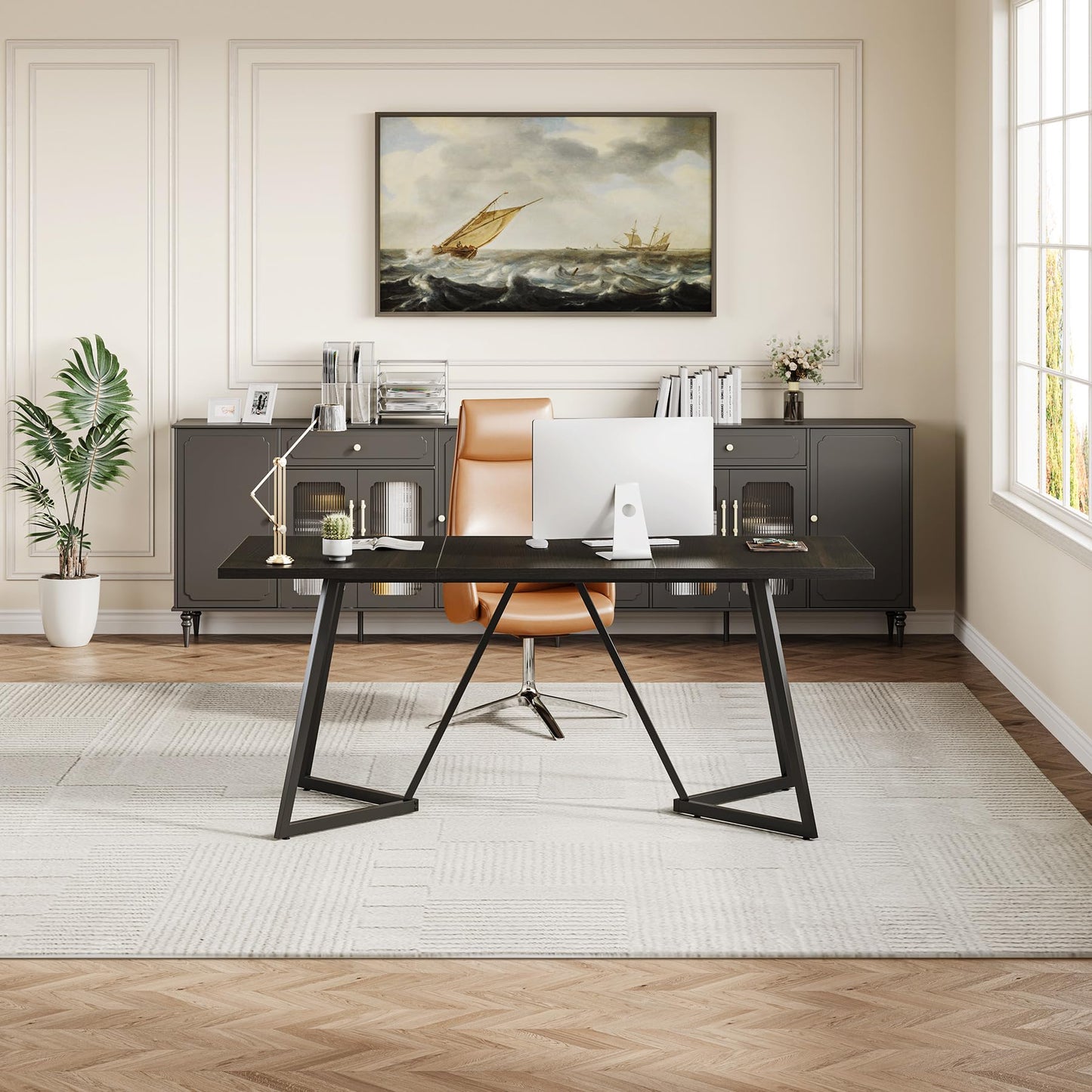LITTLE TREE 70.86-Inch Conference Table for 8, Black Conference Room Table with Metal Base, Modern 5.9 ft Rectangular Table for Boardroom, Meeting, Conference Room