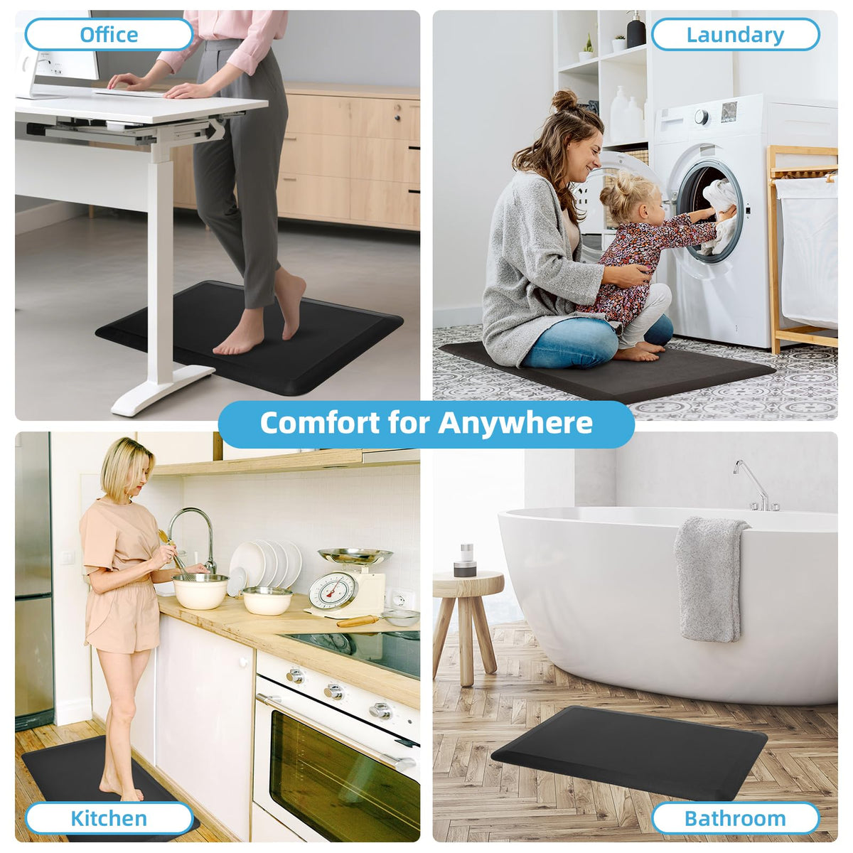 Art3d 3/4" Thick Kitchen Mats for Floor, Waterproof 20" X 32" Cushioned Comfort Mat, Anti Fatigue Mats for Kitchen, Ergonomic Standing Office Desk, Home and Garage, Black