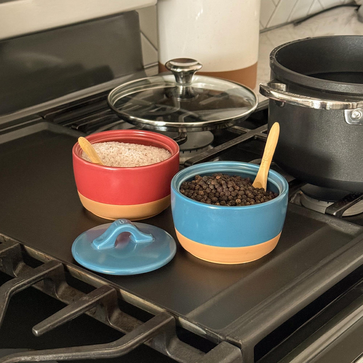 Mora Ceramic Salt and Pepper Cellar Set with Lid - 10 oz Modern Canister/Container/Bowl for Storage, Sea Salt, Spice, Sugar, Countertop - Small Dish/Jar with Wood Spoon, Azure Blue & Crimson Red Crock