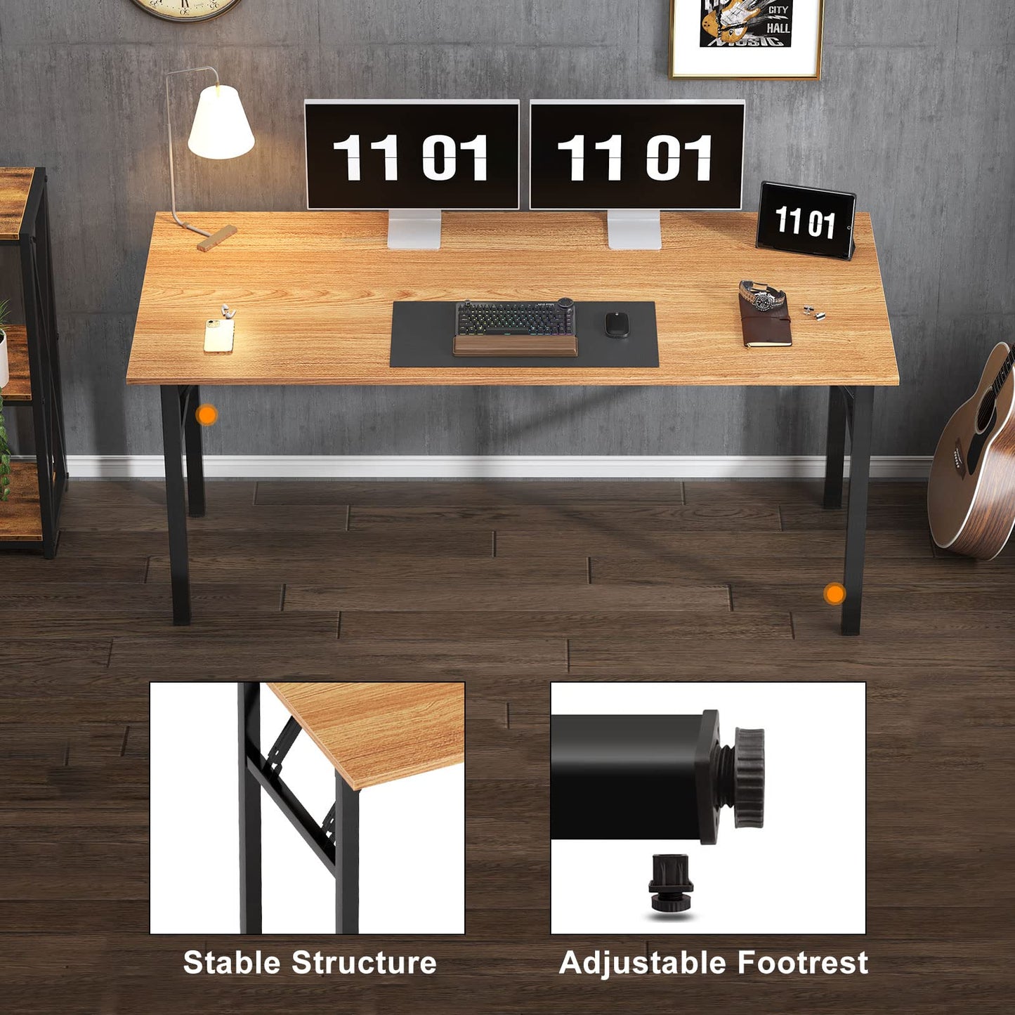 Need Folding Computer Desk, Large 60 inches Folding Table for Home Office, No Install Needed Foldable Writing Table Long Desk, Space-Saving, Teak and Black